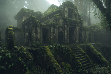 old abandoned building covered in moss, wallpaper