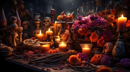 Mystical Autumn Altar: Candles, Skulls, and Flowers
