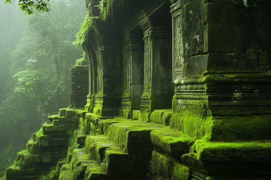 old abandoned building covered in moss, wallpaper