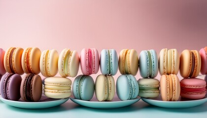 colorful macarons arranged on pastel plates against a soft gradient background