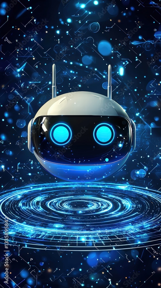 Poster robot with blue eyes capturing attention with its unique design and futuristic features in urban set