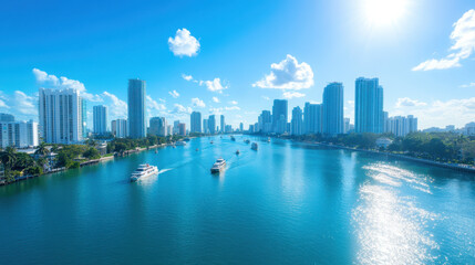 Fototapeta premium city tour along riverbank with boats and reflections