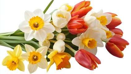 Spring bouquet of tulips and daffodils.  A vibrant arrangement of colorful blooms, featuring a mix of tulips in varying shades of red and orange, and daffodils in shades of yellow and cream.