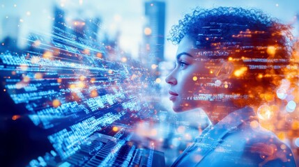 Digital Dreamer: A determined woman immersed in the world of digital information. Coding, futuristic and technical concept.