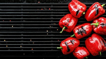 Grilled Red Bell Peppers: A close-up captures the succulent allure of grilled red bell peppers arranged artfully on a dark grill, ready for culinary delight.