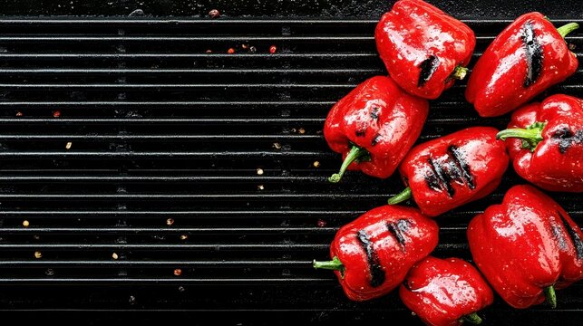 Grilled Red Bell Peppers: A close-up captures the succulent allure of grilled red bell peppers arranged artfully on a dark grill, ready for culinary delight.