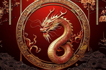 A vibrant red Chinese dragon encircled by flames.
