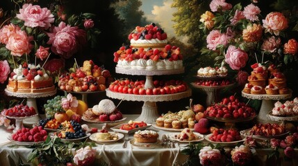 Lavish dessert buffet with pastries, cakes, and fresh fruit. Ideal for blogs, articles, or websites about baking, food styling, or luxury.
