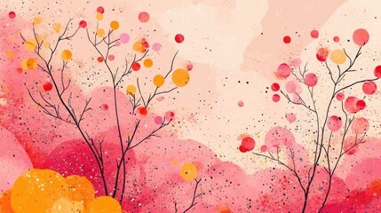 Pink, orange watercolor trees, autumnal landscape, peaceful background, ideal for design