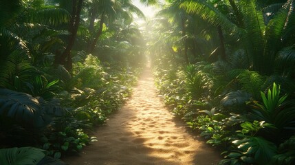 Sunlit path through lush tropical jungle