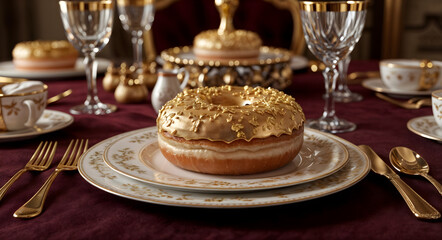Luxurious Gold-Covered Donut on an Elegant Dining Table with Fine China and Crystal Glassware