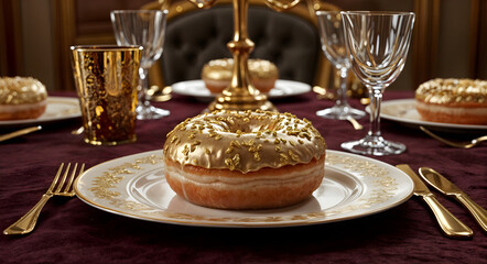 Luxurious Gold-Covered Donut on an Elegant Dining Table with Fine China and Crystal Glassware