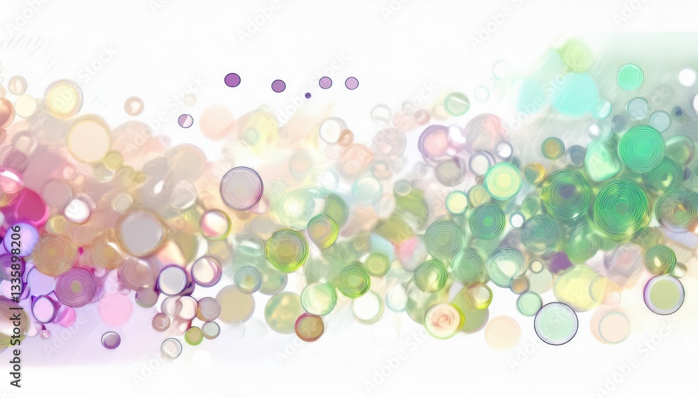 Poster soft pastel bokeh of translucent circles in abstract gradient composition, dreamy background for design and creativity

