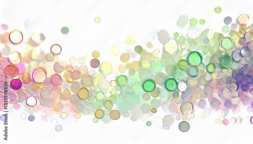Poster soft pastel bokeh of translucent circles in abstract gradient composition, dreamy background for design and creativity

