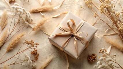 A thoughtfully wrapped gift, adorned with a delicate ribbon, rests amidst a serene arrangement of dried botanicals, creating a calming and elegant scene.