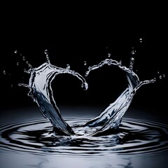 Water splash creating a heart shape isolated on black background.