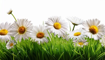 a vibrant fresh spring green grass lawn edge border adorned with daisy flowers isolated against a transparent background