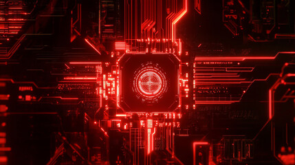 Obraz premium A red, glowing chip with an intricate pattern of circuit lines radiating from it