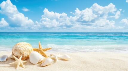 Seashells and Starfish on the Shore: a cluster of seashells and starfish arranged on the sandy shore, with the turquoise ocean and blue sky filled with fluffy clouds in the background.
