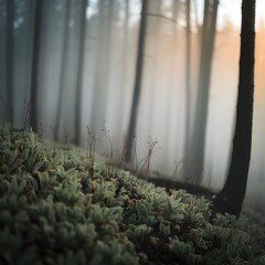 Mist/dew in forest shot at low-angle. Closeup of shrubs on forest floor.