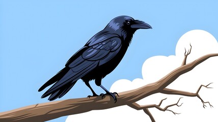 Raven on branch with a cloudy sky background.