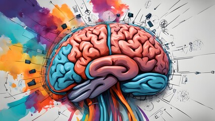 Vibrant illustration a human brain surrounded colorful watercolor splashes abstract sketches.