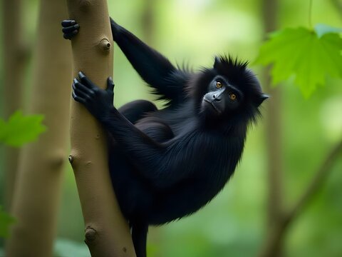 Generative AI Sulawesi crested macaque climbing in tropical forest - Powered by Adobe