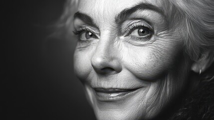 Fototapeta premium Close-up monochrome portrait of a smiling senior woman, showing wrinkles and age spots. Illustrates beauty, aging gracefully, and the passage of time.