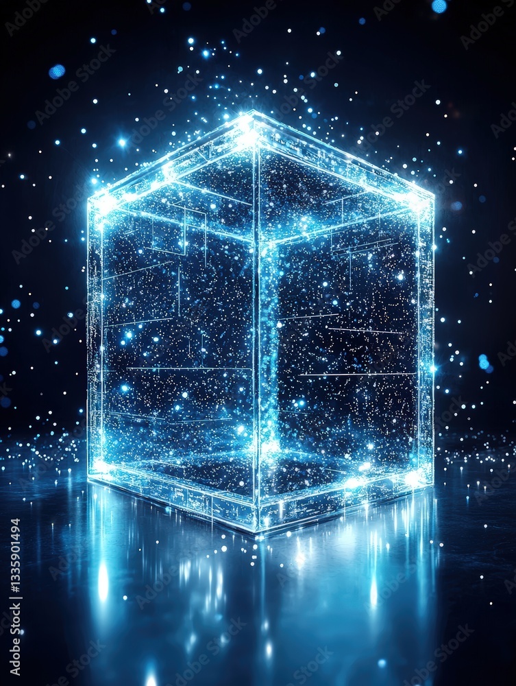Poster enigmatic glass box with a mesmerizing blue light inside creating a mysterious atmosphere