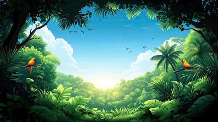 Lush Jungle Vista with Birds, Sunny Day