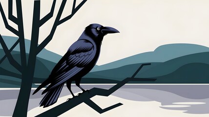 Crow on a branch overlooking hills and lake landscape.