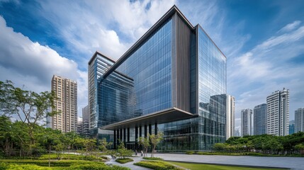 Modern Glass Office Building in Urban Park Setting; Architectural Photography