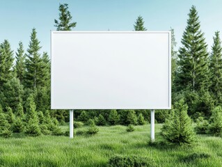 Fototapeta premium Empty billboard in a lush green forest surrounded by tall trees and grass