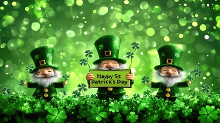 Leprechauns holding St. Patrick's Day sign, green bokeh background; holiday greeting card