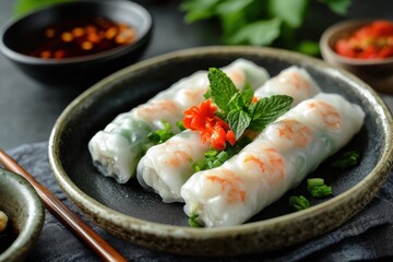 Fresh Shrimp Spring Rolls with Herbs and Spicy Dipping Sauce