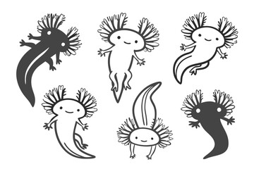 sillhouette of axolotl cartoon different style vector design. Illustration on a white background.