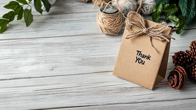 Rustic thank you gift bag on wooden table surrounded by natural decor elements and twine
