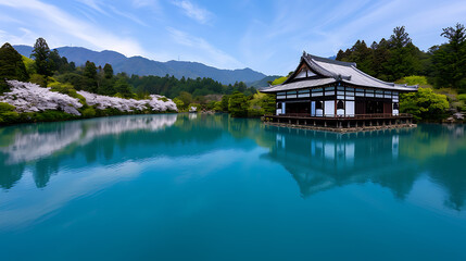 Obraz premium Serene Temple Lake with Cherry Blossoms in Spring