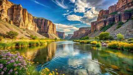 Serene River Flows Through Majestic Canyon Walls Under a Vivid Sky