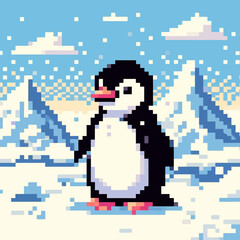 Fototapeta premium Ilustração de pinguins fofos no Ártico em estilo vetor kawaii de desenho animado pixelado, com fundo clipart transparente e isolado, perfeito para design e projetos criativos.