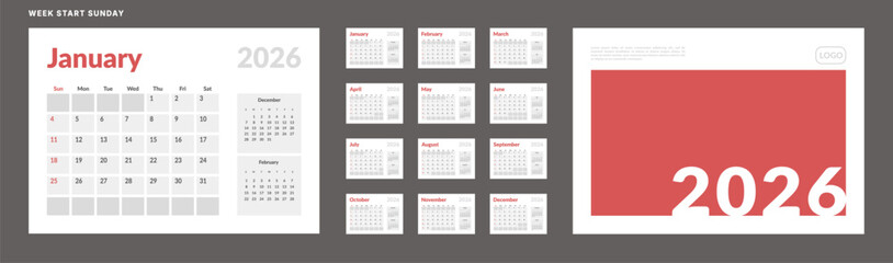 2026 Calendar Planner Set of Template Monthly Page and cover with Place for Photo, Company Logo. Vector layout grid of wall or desk calendar with week start Sunday for print. Page size A4 -21x29.7 cm