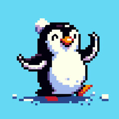 Obraz premium Ilustração de pinguins fofos no Ártico em estilo vetor kawaii de desenho animado pixelado, com fundo clipart transparente e isolado, perfeito para design e projetos criativos.