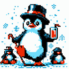 Fototapeta premium Ilustração de pinguins fofos no Ártico em estilo vetor kawaii de desenho animado pixelado, com fundo clipart transparente e isolado, perfeito para design e projetos criativos.