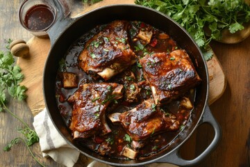 Fototapeta premium Savory Braised Meat in Rich Sauce with Fresh Herbs and Spices