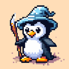 Obraz premium Illustration of cute penguins in the Arctic in a pixel cartoon kawaii vector style on a transparent isolated clipart background, perfect for design and creative projects.