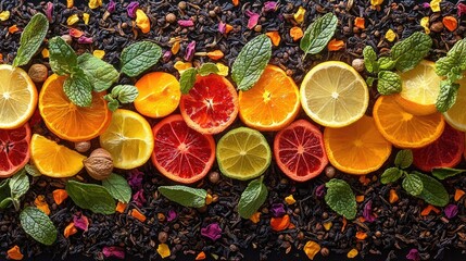 Citrus fruit and herb tea blend, overhead