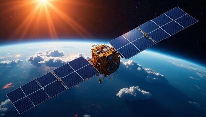 Satellite with solar panels floating in space, wireless, astronomy