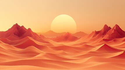 Sunset over red desert dunes and mountains. Background clear sky. Use landscape wallpaper