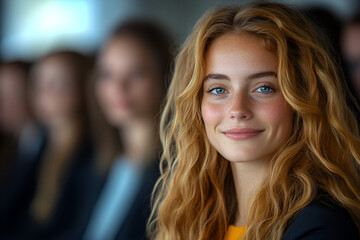 Obraz premium young woman with wavy hair smiles confidently in meeting setting
