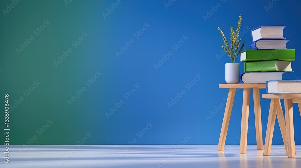 Poster stacked collection of colorful books resting on a stylish stool in a bright and inviting space